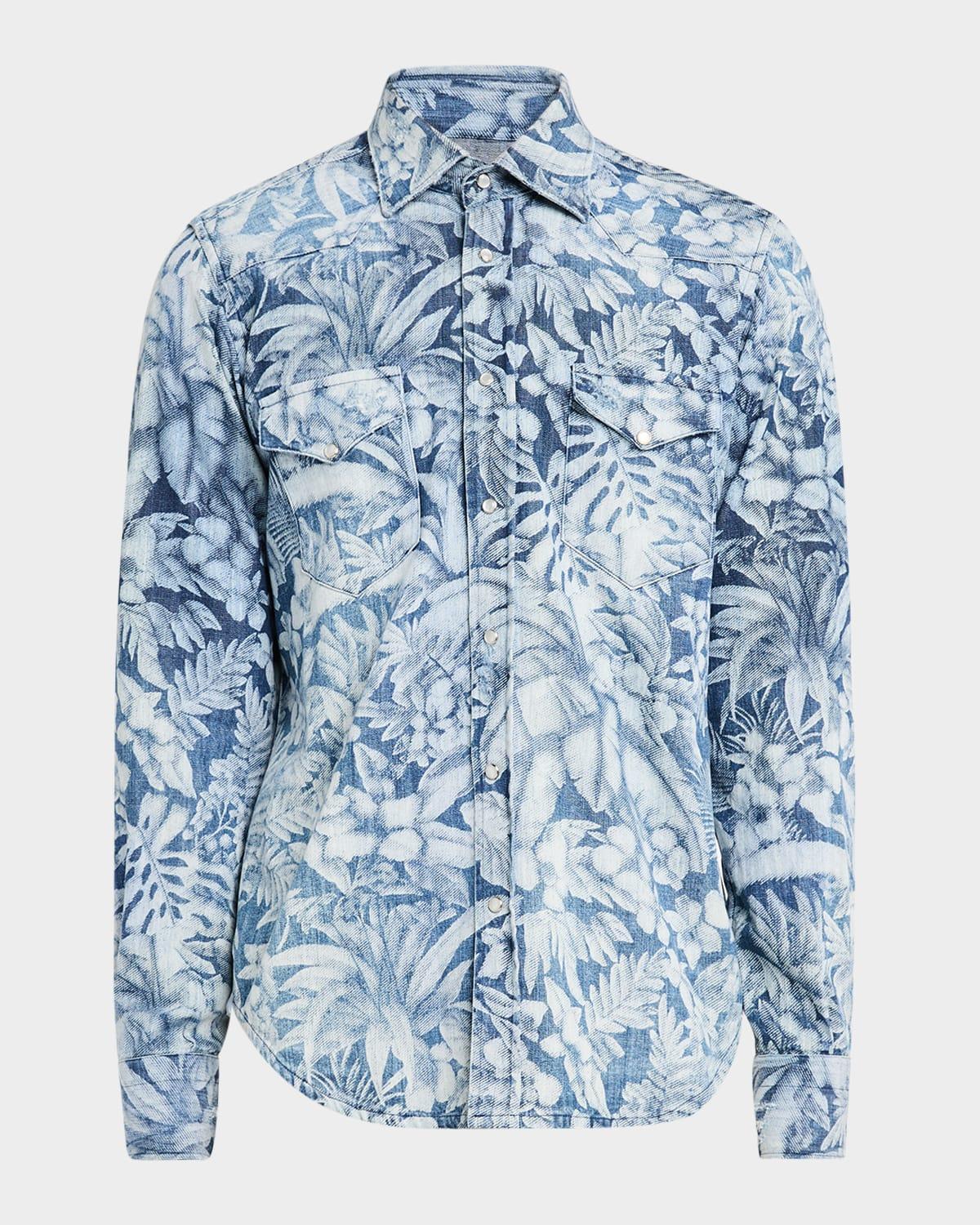 Mens Floral Denim Western Shirt Product Image