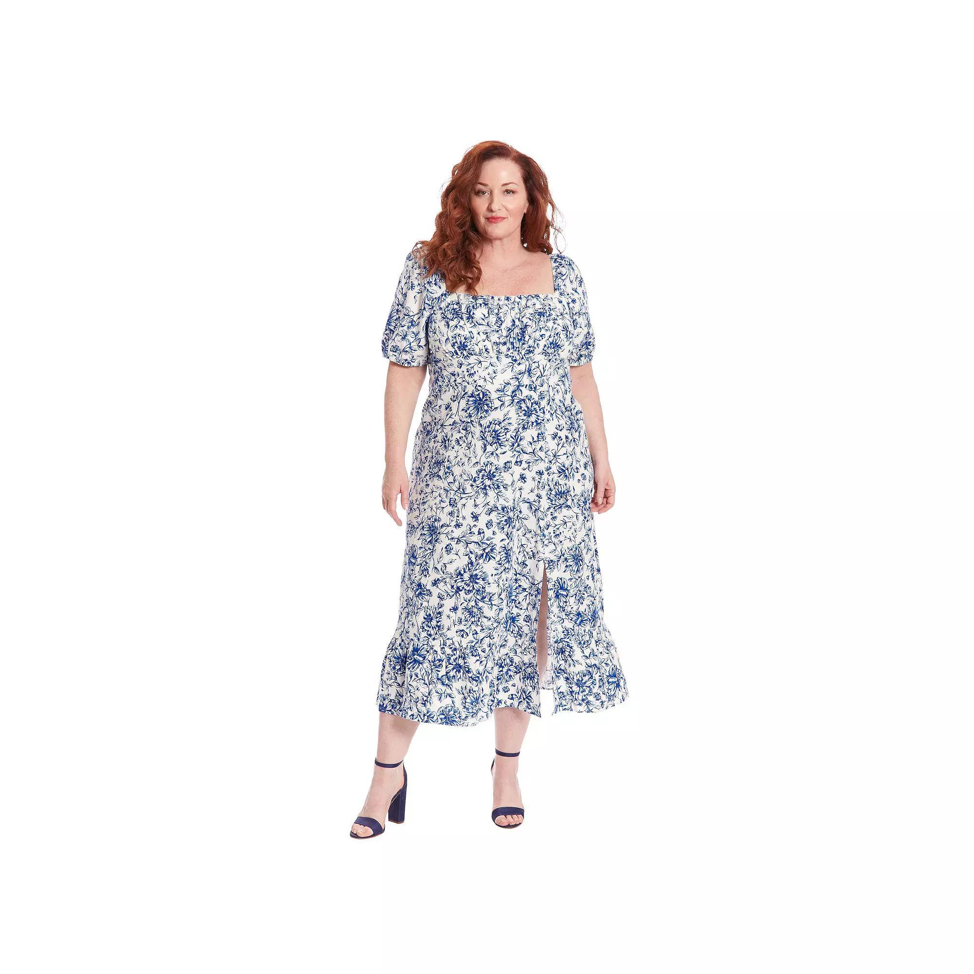 Plus Size London Times Floral Square Neck Puff Sleeve Empire Waist Midi Dress, Women's, Size: 14 W, Ivory Navy Product Image