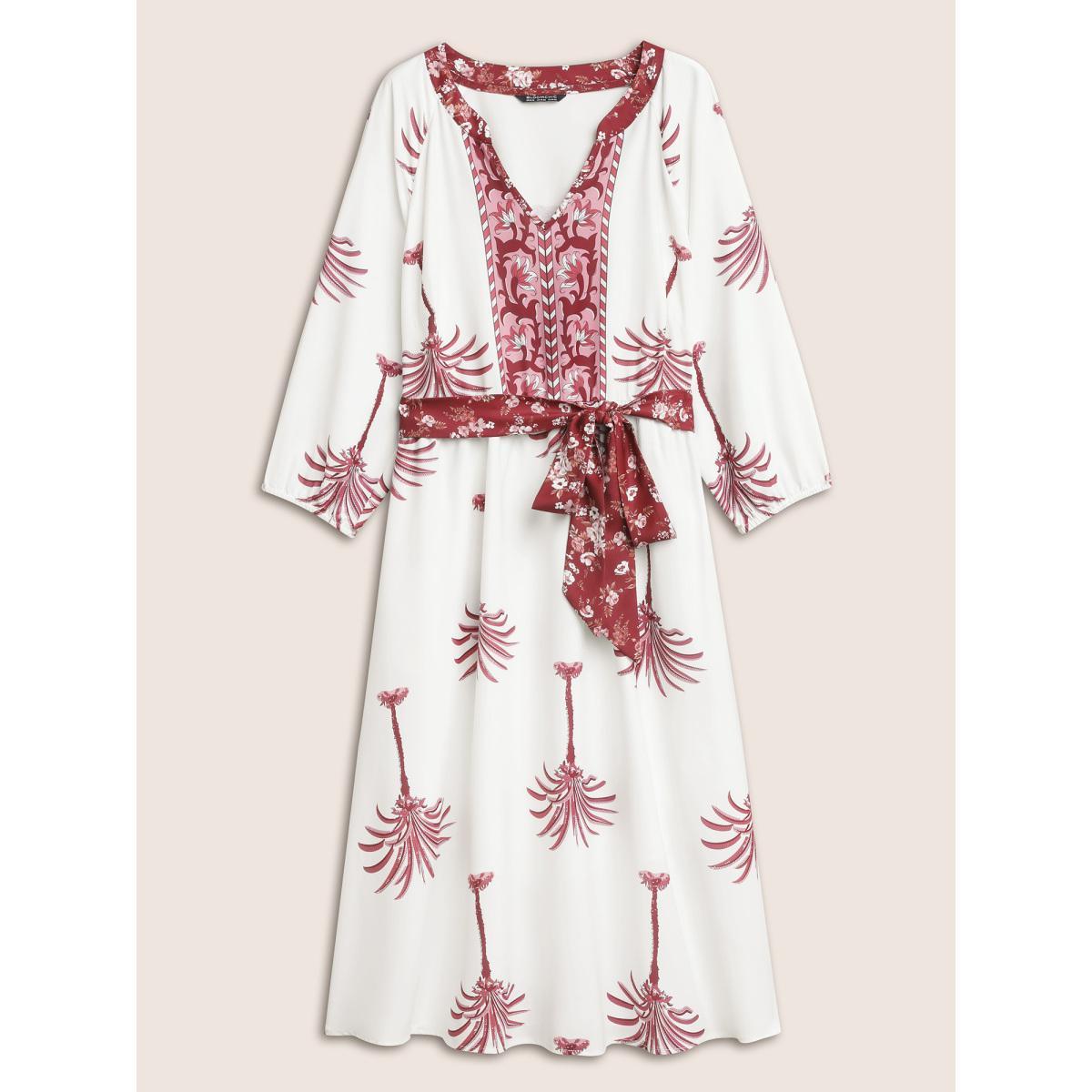 Plus Size Boho Print Notched Belted Gathered Lantern Sleeve Dress Red Women Resort Non Notched collar Long Sleeve Curvy Midi Dress BloomChic 22-24/3X Product Image