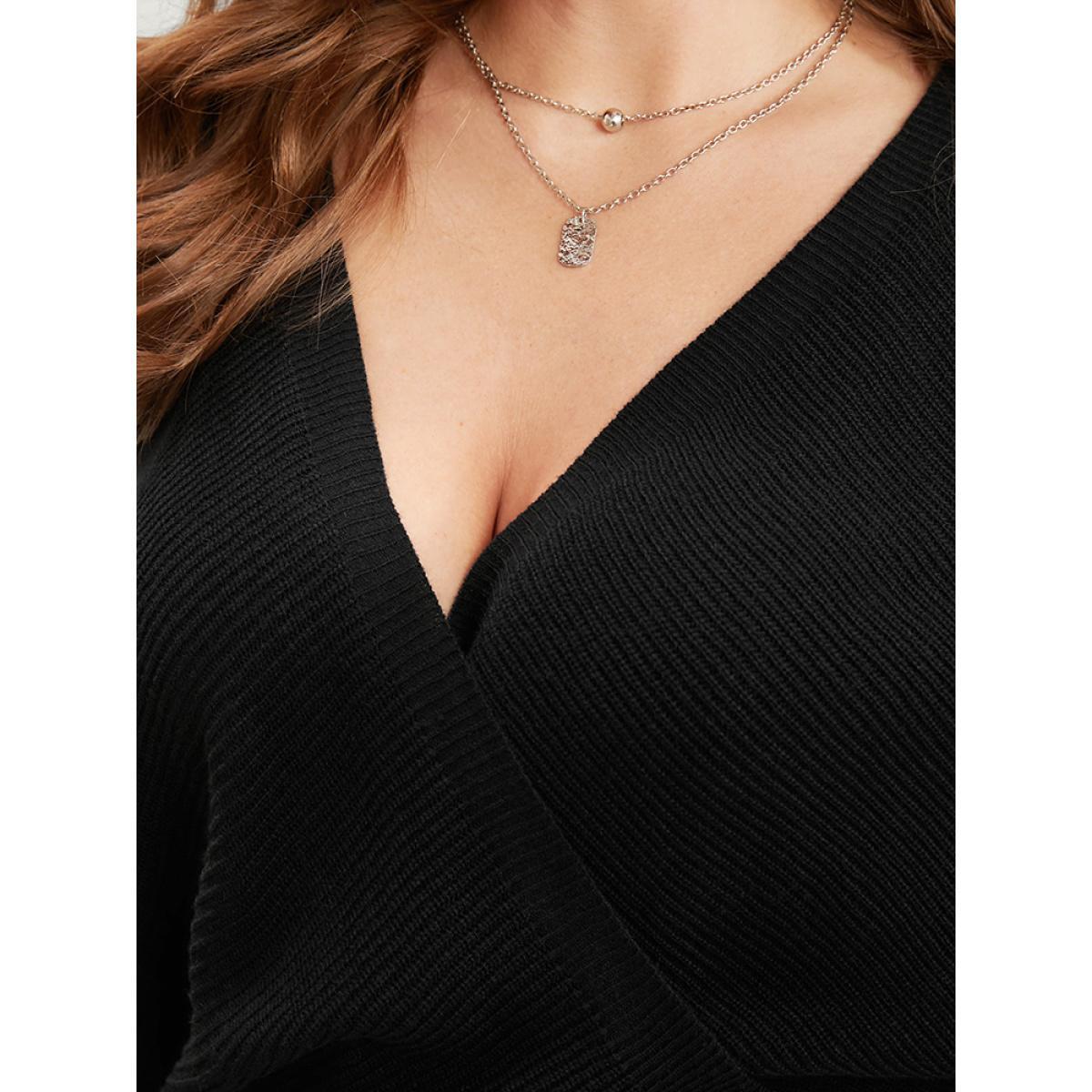 Plus Size Solid Super Soft Rib Knit Dolman Sleeve Backless Wrap Knit Top Black Women Casual Loose Long Sleeve Overlap Collar Everyday Pullovers BloomChic 12/L Product Image