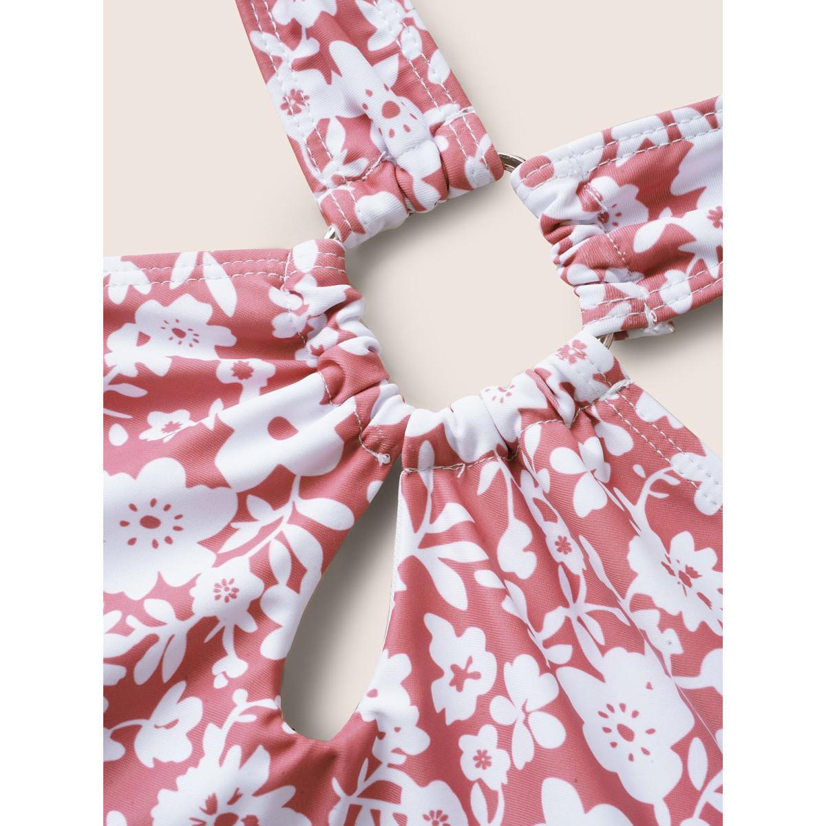 Plus Size Ditsy Floral Keyhole Split Hem Ruched Swim Dress Women's Swimwear Salmon Beach Bodycon Asymmetrical Neck High stretch Curve Swim Dresses BloomChic 18-20/2X Product Image