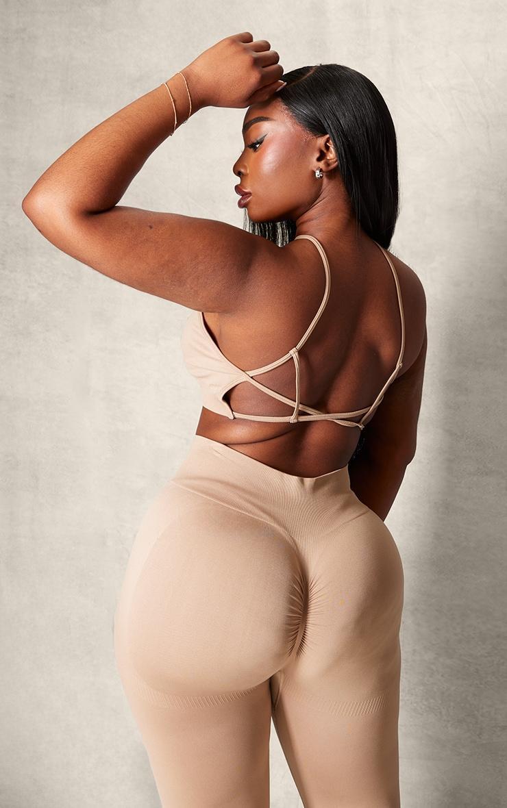 PLT SPORT Plus Light Mocha Seamless Halterneck Open Back Sports Bra Product Image