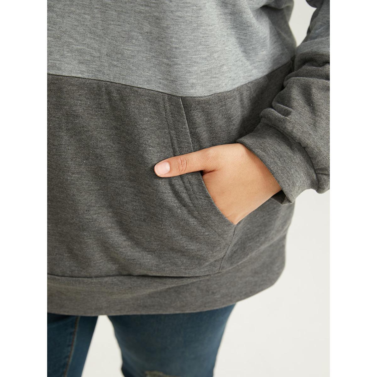 Plus Size Colorblock Contrast Half Zip Hooded Sweatshirt Women DimGray Casual Elastic cuffs Hooded Dailywear Sweatshirts BloomChic 14-16/1X Product Image