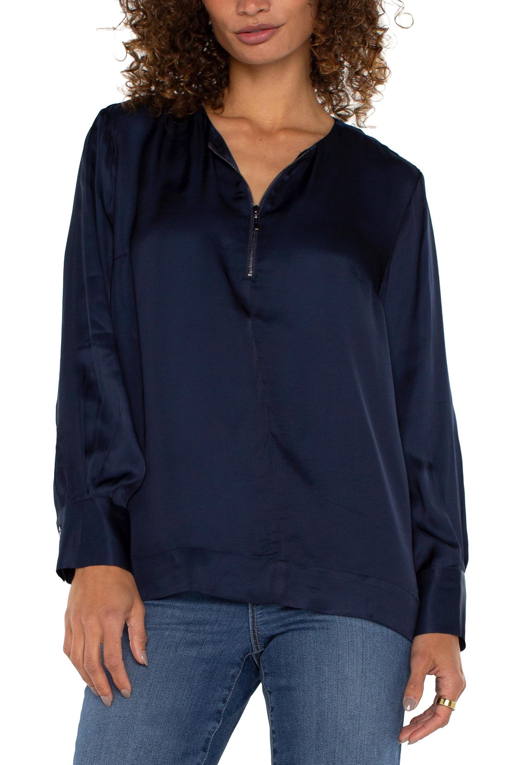 Zip Front Collarless Woven Blouse Product Image