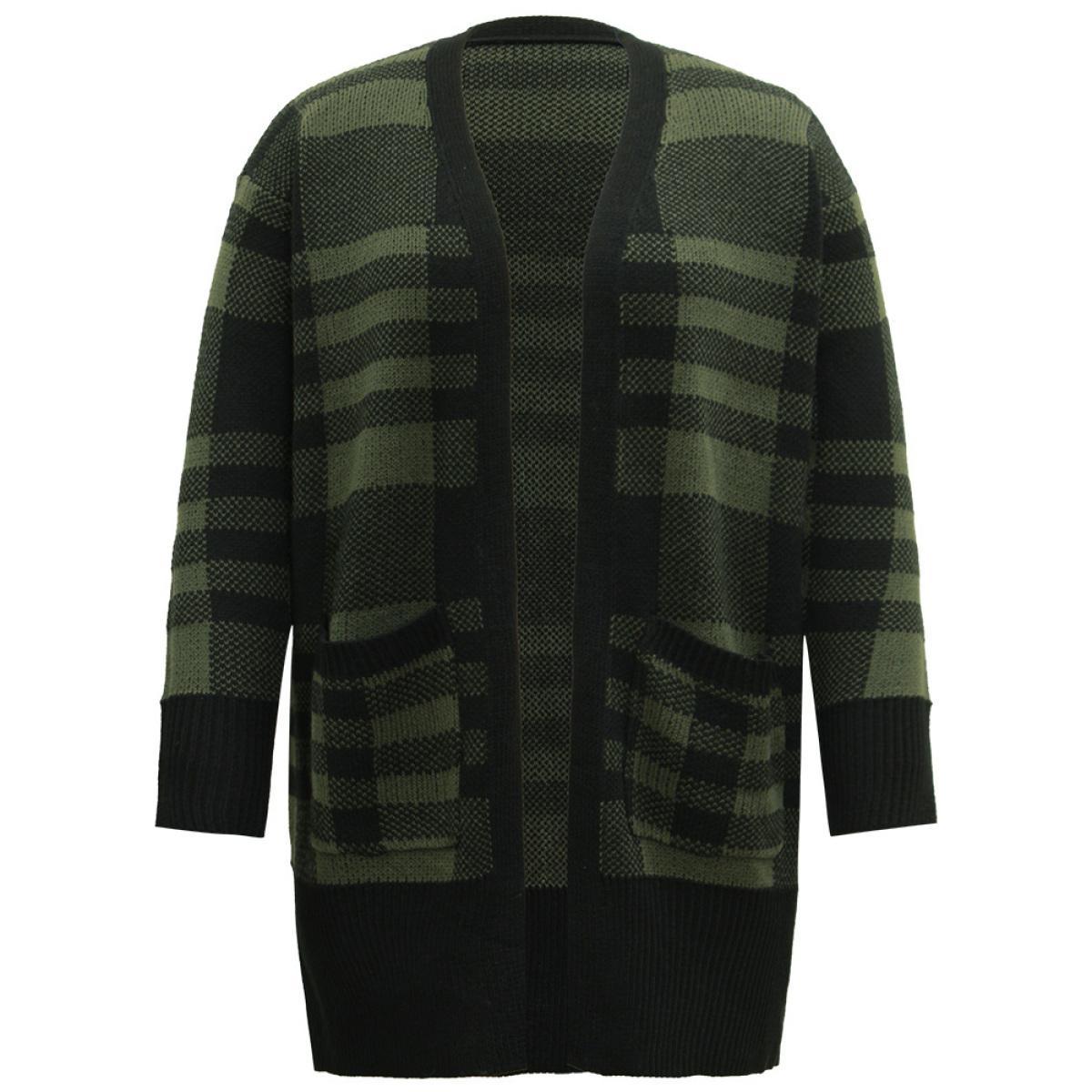 Plus Size Plaid Patchwork Split Side Open Front Cardigan DarkGreen Women Casual Loose Long Sleeve Festival-Christmas Cardigans BloomChic 12/L Product Image