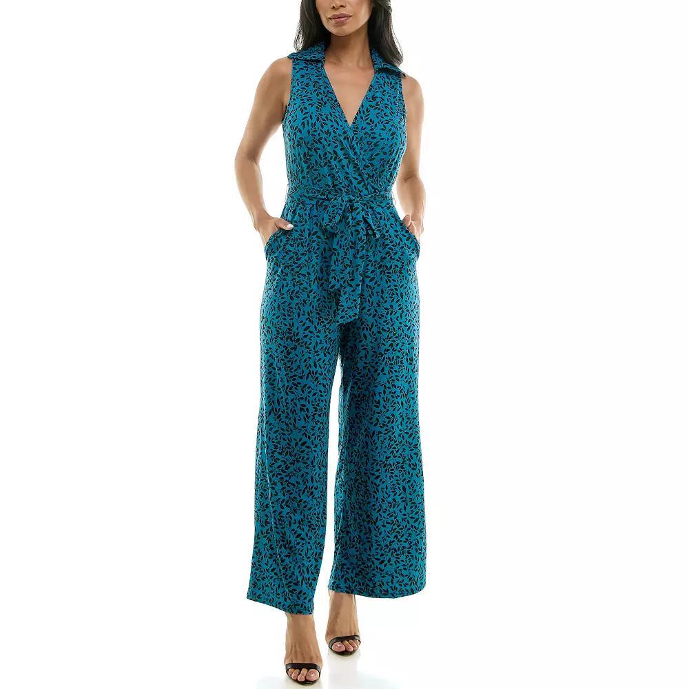 Womens Nina Leonard Print Collared Sleeveless Surplice Wide-Leg Jumpsuit Product Image