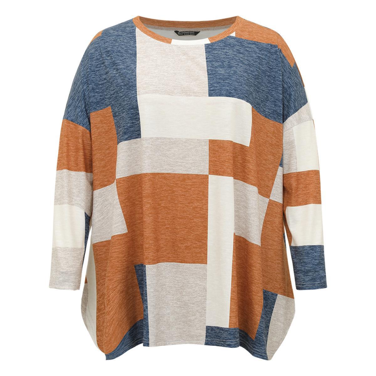 Plus Size Colorblock Contrast Round Neck Dolman Sleeve T-shirt Multicolor Women Casual Contrast Colorblock Round Neck Everyday T-shirts BloomChic 26/4X Product Image