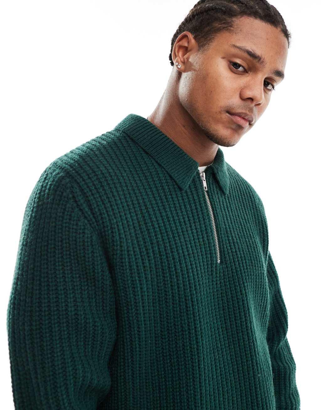 ASOS DESIGN wool mix oversized heavyweight quarter zip rib sweater with collar in dark green Product Image