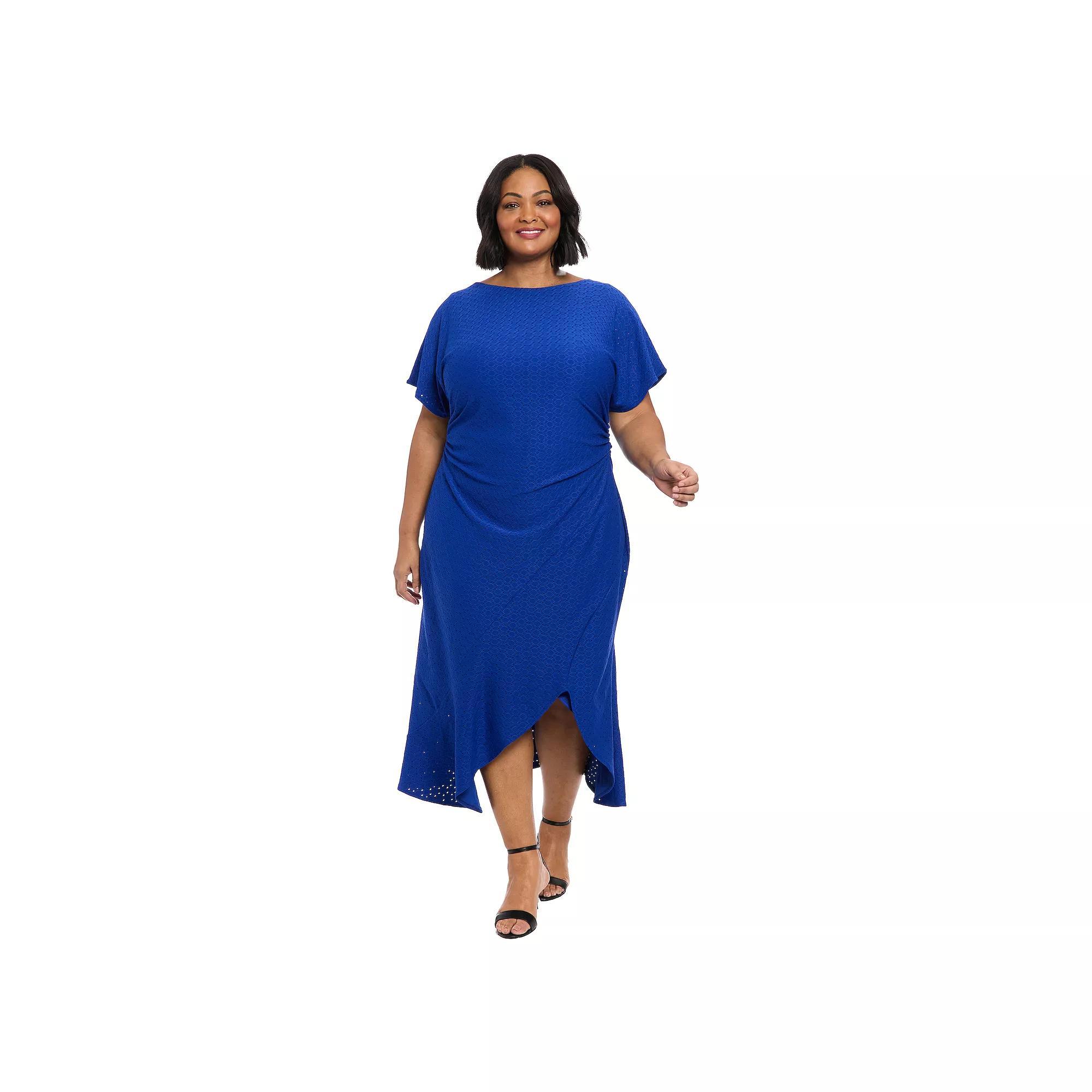 Plus Size London Times Eyelet Asymmetric Hem Midi Dress, Womens Product Image