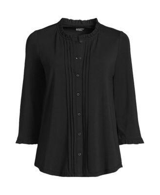 Lands End Womens Plus Size 3/4 Sleeve Light Weight Jersey Ruffle Neck Pintuck Top Product Image