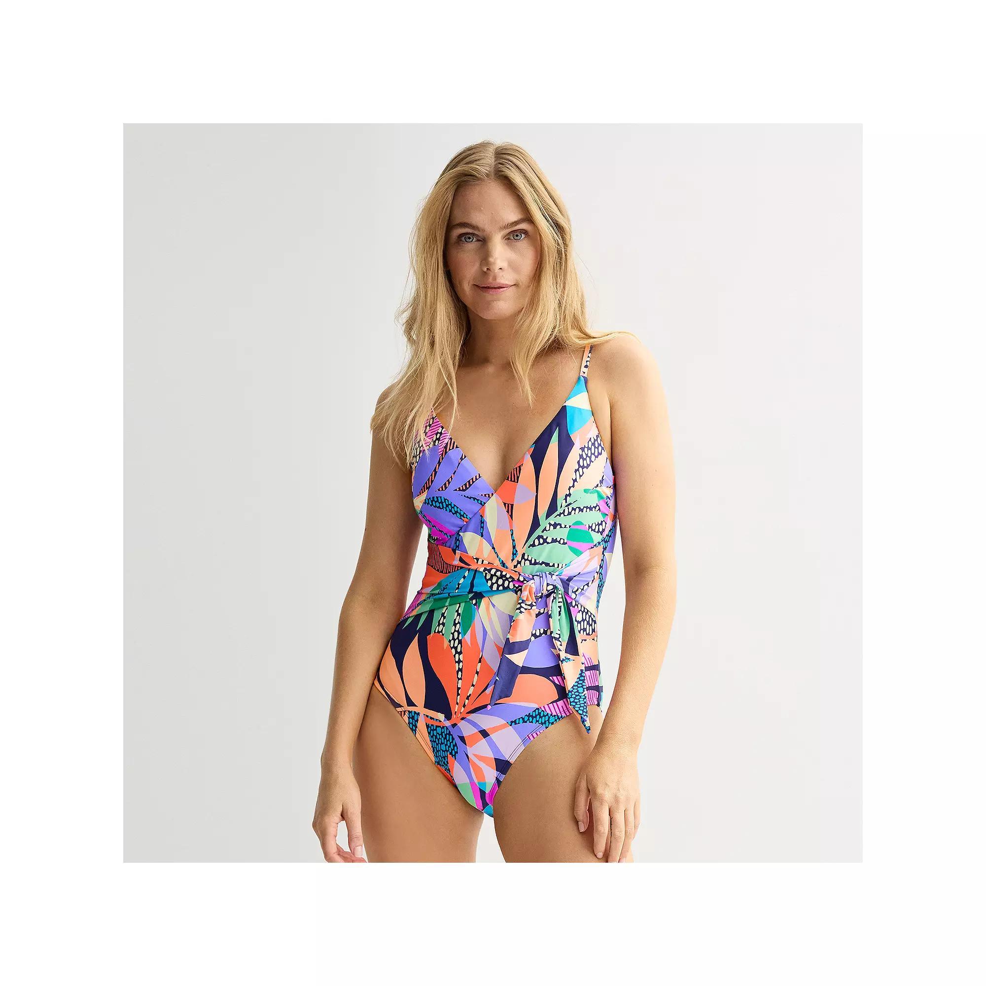 Women's Freshwater Sash Crossover One-Piece Swimsuit, Size: Medium, Bahia Leaves Product Image