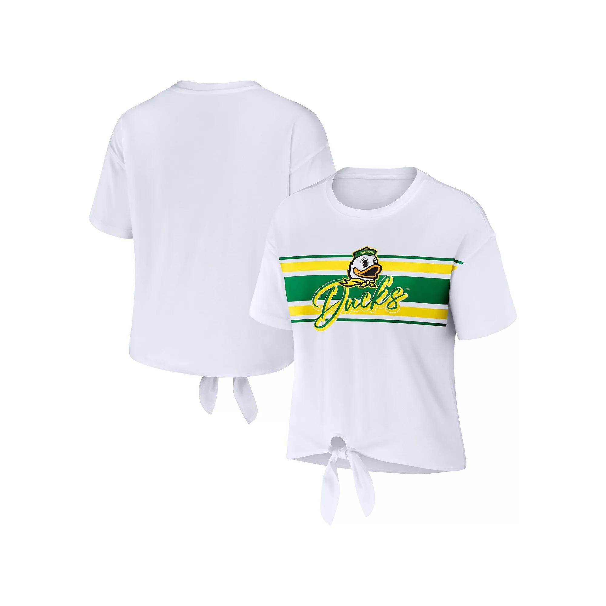 Women's WEAR by Erin Andrews White Oregon Ducks Striped Front Knot Cropped T-Shirt, Size: Medium Product Image