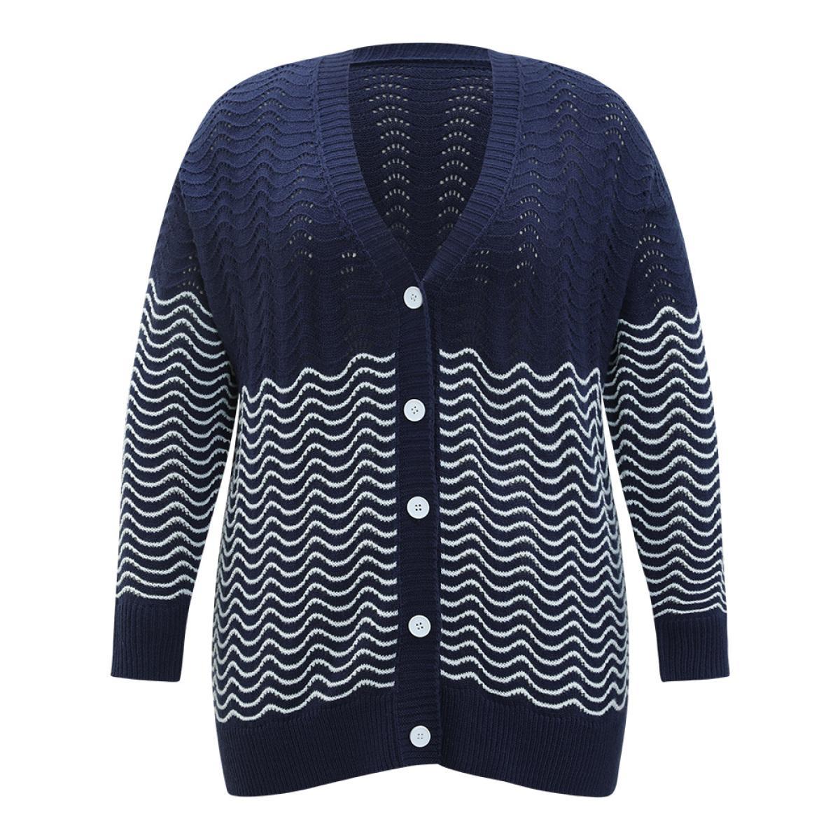 Plus Size Water Ripple Button Fly Elastic Cuffs Cardigan DarkBlue Women Casual Loose Long Sleeve Dailywear Cardigans BloomChic 26/4X Product Image