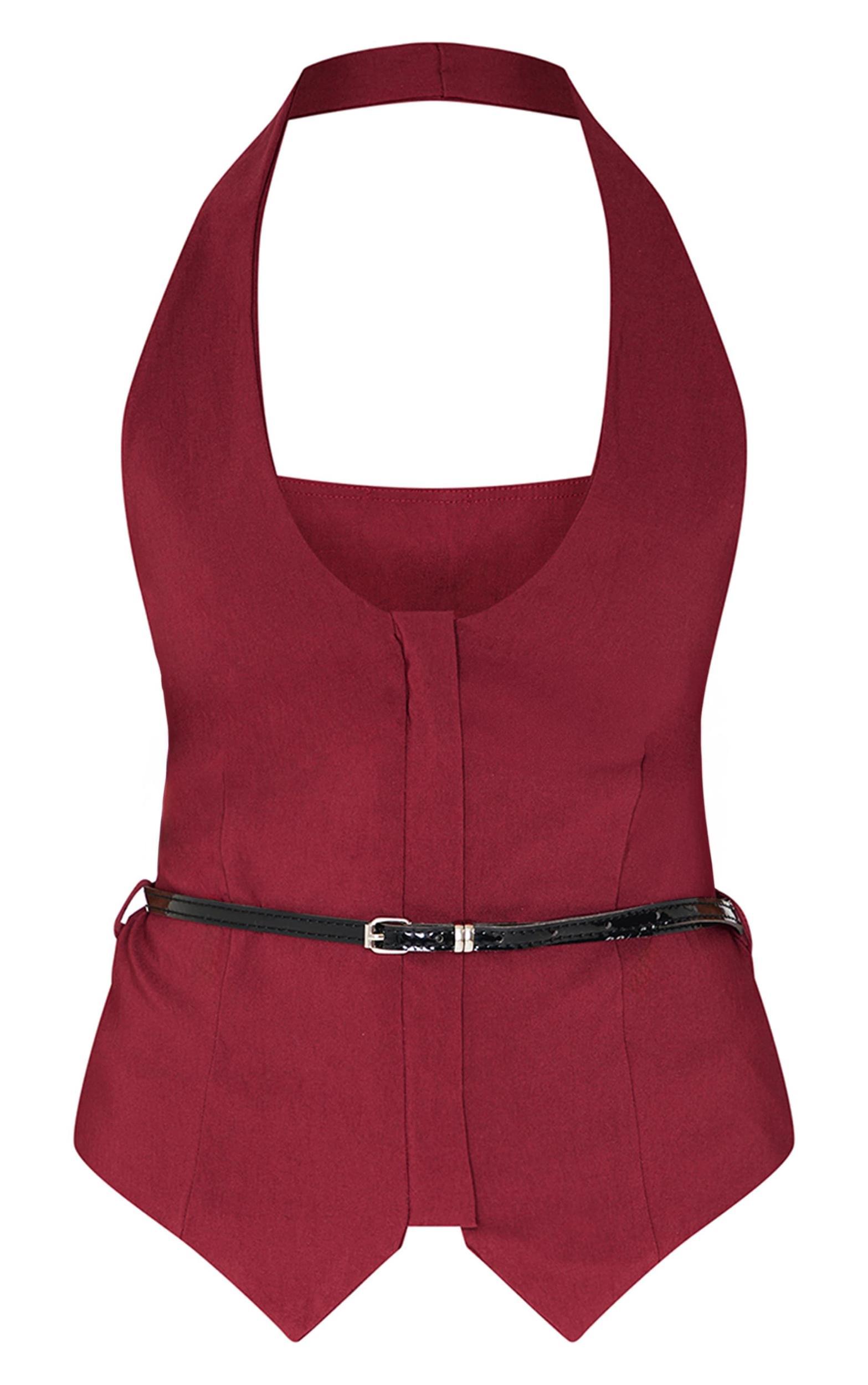 Burgundy Bengaline Belted Halterneck Long Top Product Image