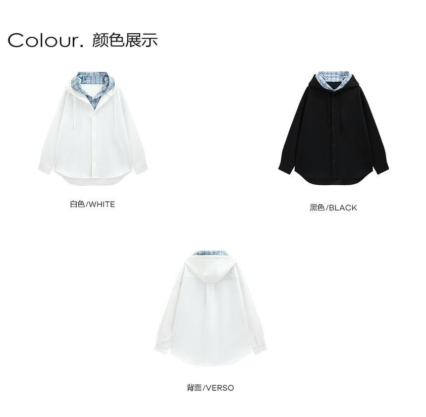 Mock Two-Piece Plaid Panel Hooded Button-Up Jacket Product Image