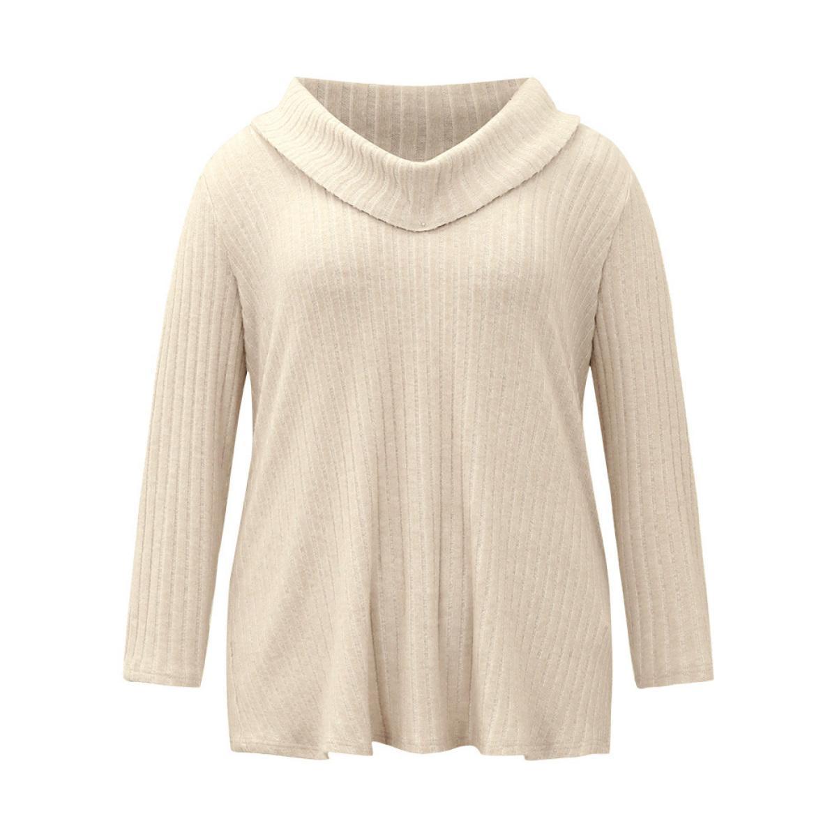 Plus Size Plain Rib Knit Cowl Neck T-shirt Apricot Women Elegant Texture Plain Ruffled collar Dailywear T-shirts BloomChic 10/M Product Image