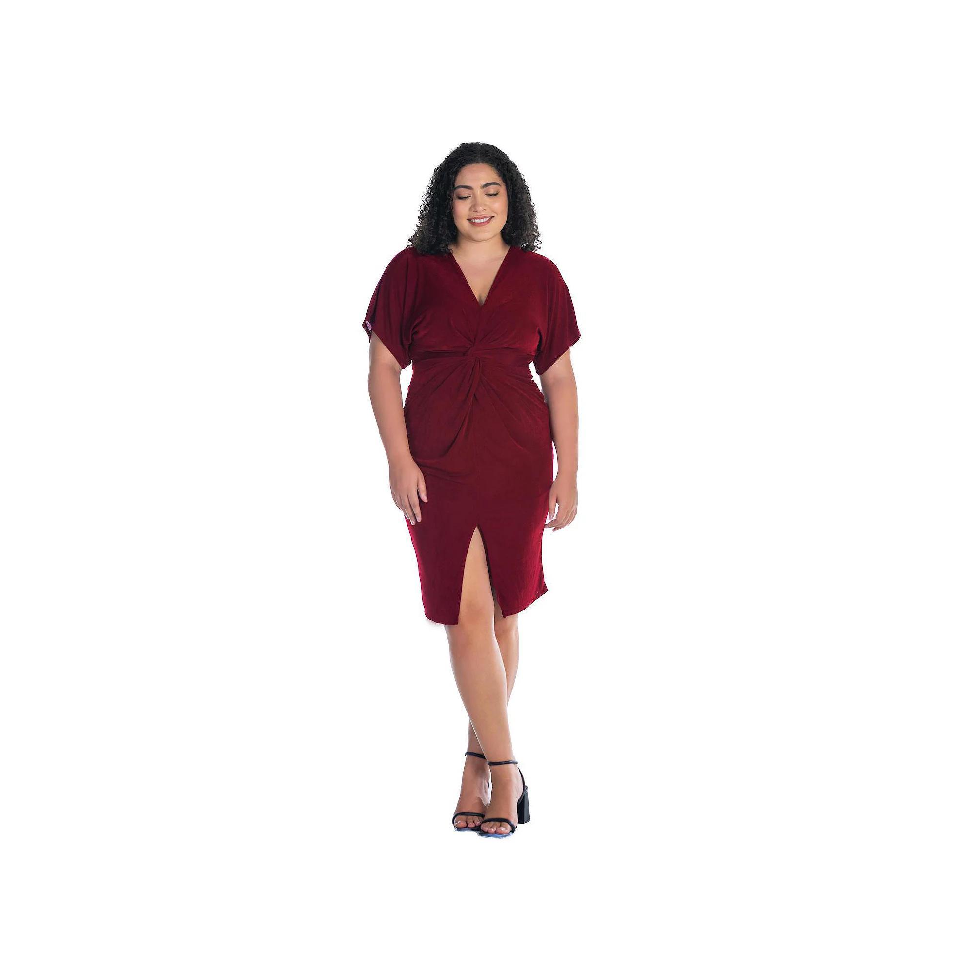 Plus Size 24Seven Comfort Apparel Short Sleeve V-Neck Twist Front Split-Hem Dress, Women's, Size: 2XL, Hunter Product Image