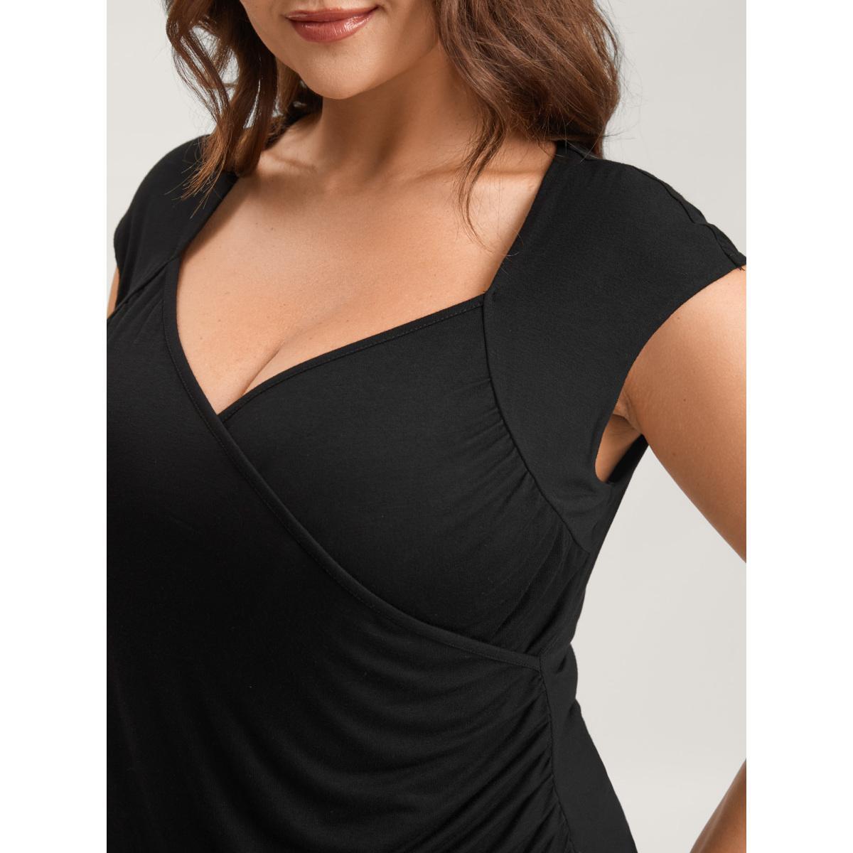 Plus Size Overlap Knit Sweetheart Neck T-Shirt Black Women Overlap Collar Everyday-Elegant T-shirts BloomChic 14-16/1X Product Image