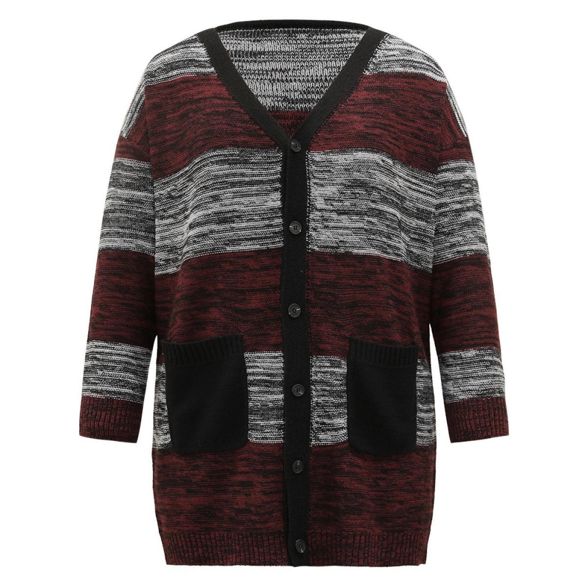 Plus Size Heather Colorblock Contrast Pocket Button Through Cardigan Burgundy Women Casual Loose Long Sleeve Everyday Cardigans BloomChic 30/6X Product Image