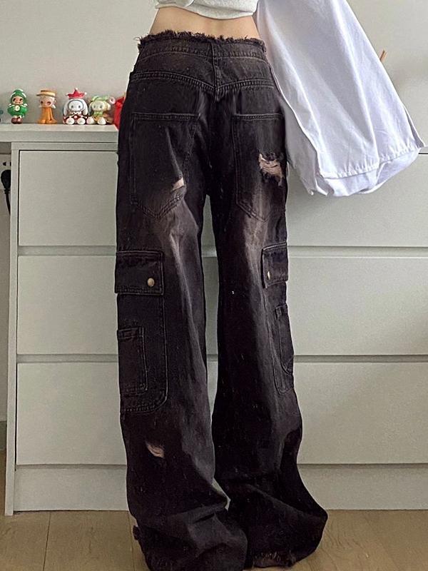 Vintage Distressed Studded Ripped Cargo Jeans Product Image