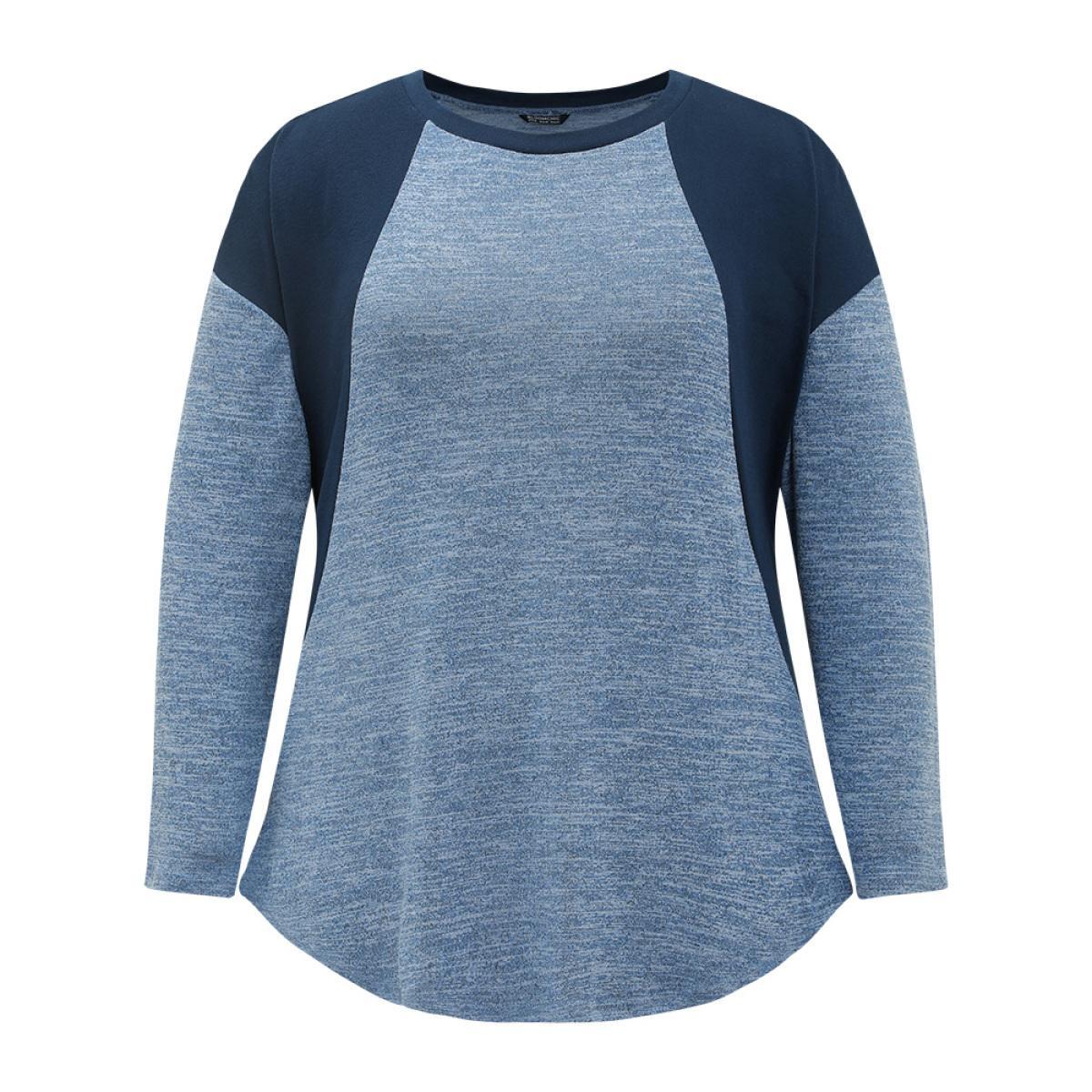 Plus Size Heather Patchwork Round Neck Curved Hem T-shirt Blue Women Elegant Contrast Plain Round Neck Dailywear T-shirts BloomChic 30/6X Product Image
