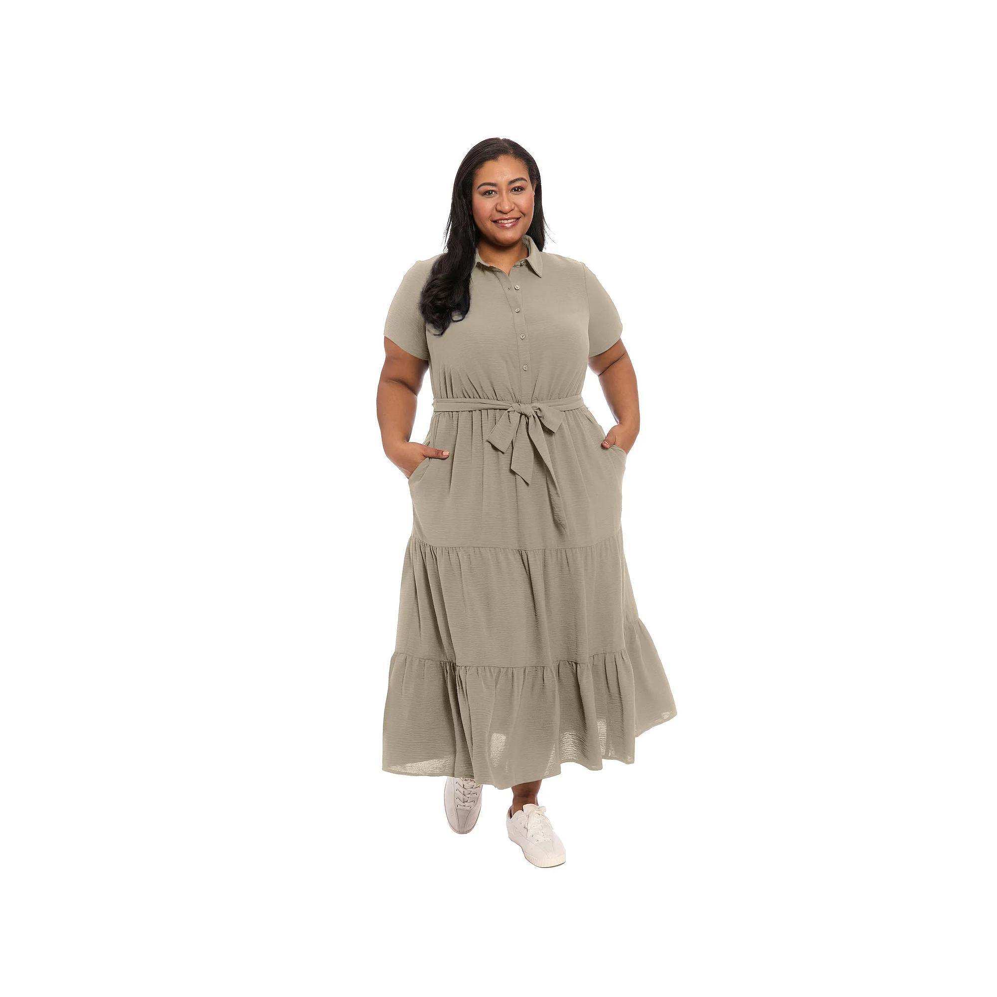 Plus Size London Times Button-Up Tiered Maxi Shirt-Dress, Women's, Size: 2XL, Green Product Image