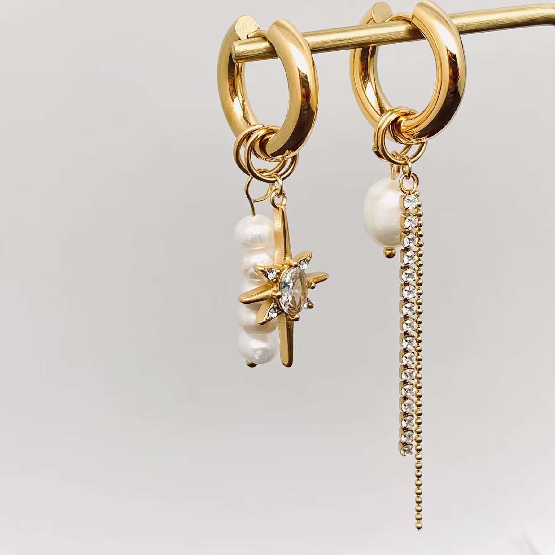 Pearl Zircon Star Charm 18 Gold Plated Huggie Earrings Product Image