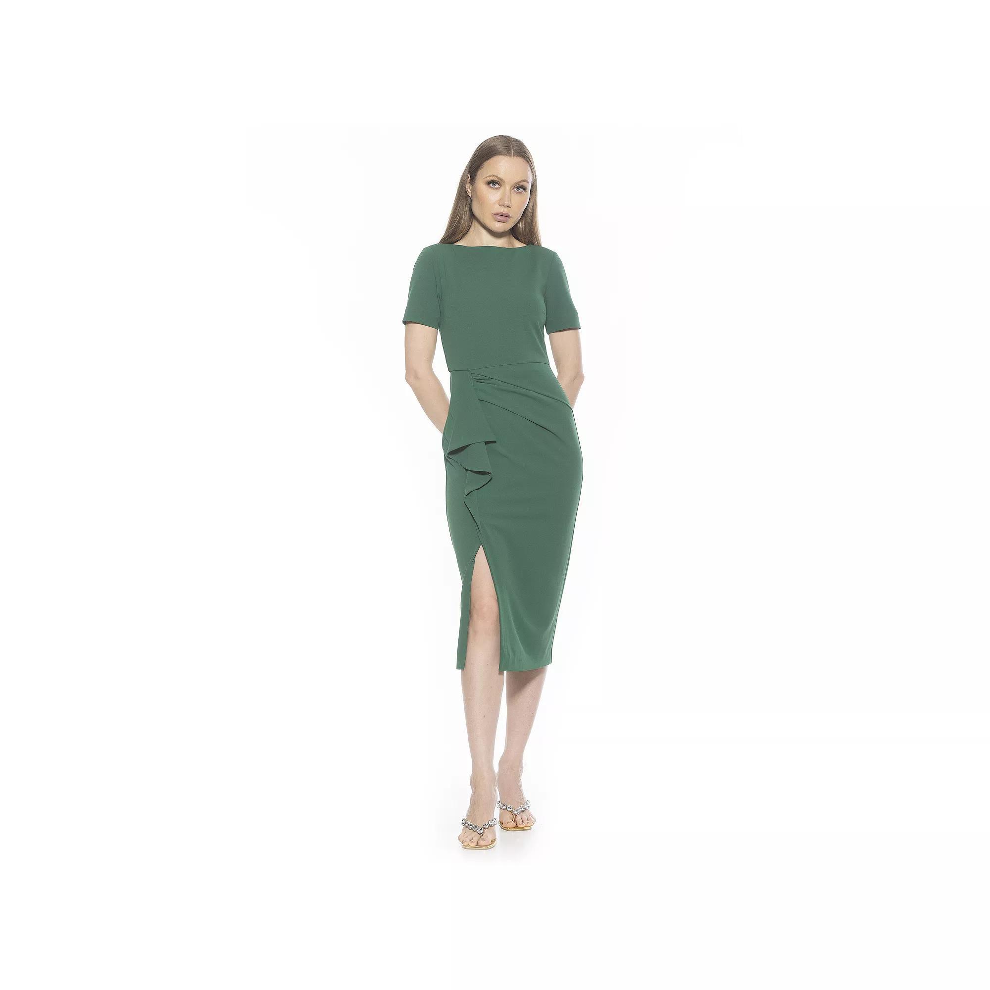Women's ALEXIA ADMOR Zayd Boatneck Midi Sheath Dress With Front Ruffle, Size: XS, Green Product Image
