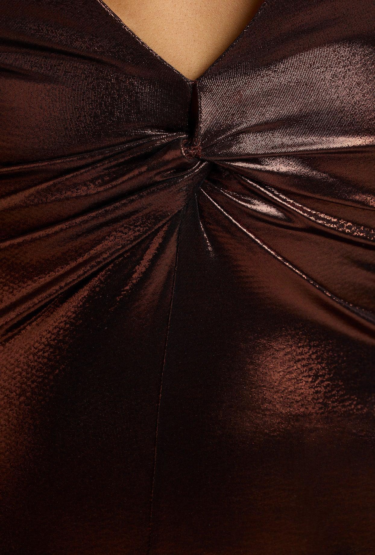 Long Sleeve Metallic Jersey Evening Gown in Copper Bronze Product Image
