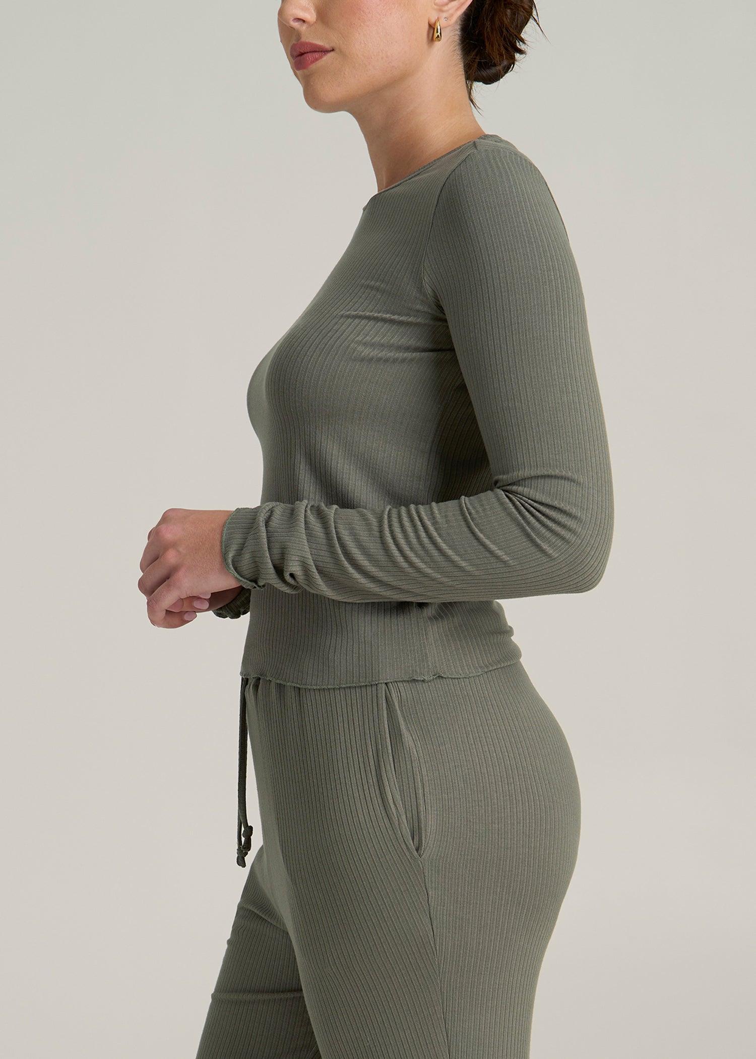 Lightweight Ribbed Cropped Lounge Shirt for Tall Women in Camper Green Product Image
