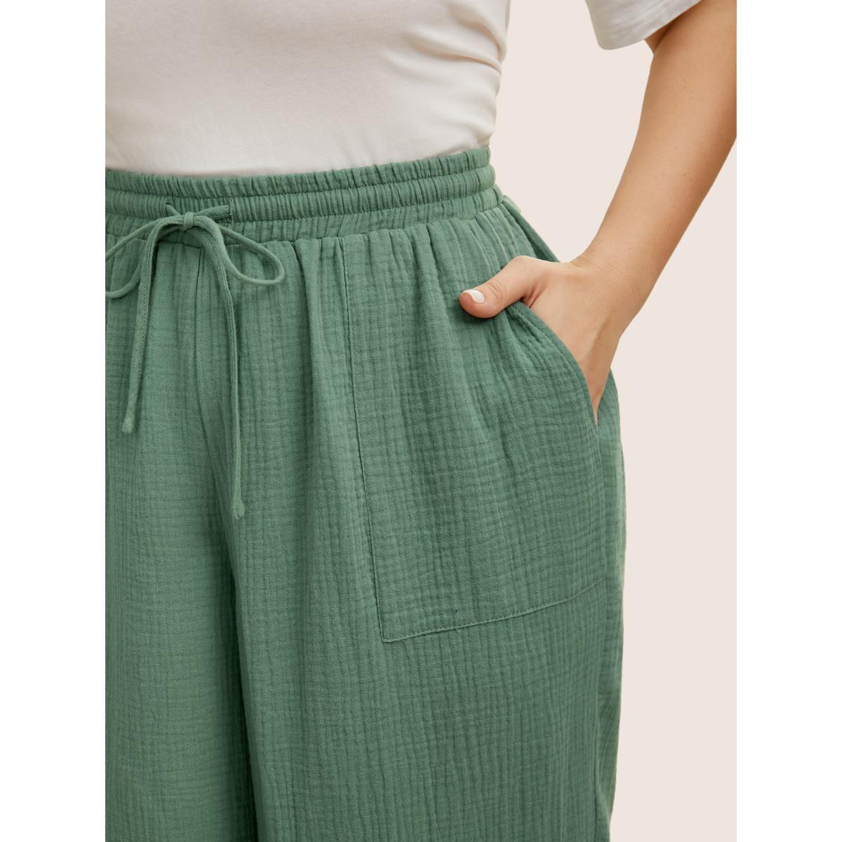 Plus Size Plain Textured Drawstring Wide Leg Pants Women Emerald Casual Wide Leg Mid Rise Everyday Pants BloomChic 22-24/3X Product Image