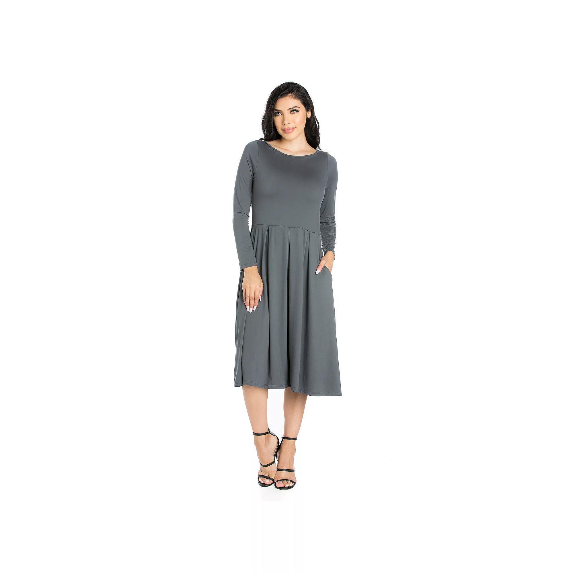 Women's 24Seven Comfort Apparel Long Sleeve Fit & Flare Dress with Pockets, Size: Small, Grey Product Image