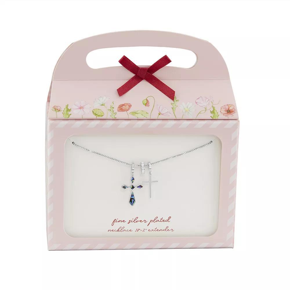 Brilliance Fine Silver Plated Synthetic Abalone & Polished Cubic Zirconia Double Cross Charm Box Chain Necklace, Women's, Size: 18", Silver Tone Product Image