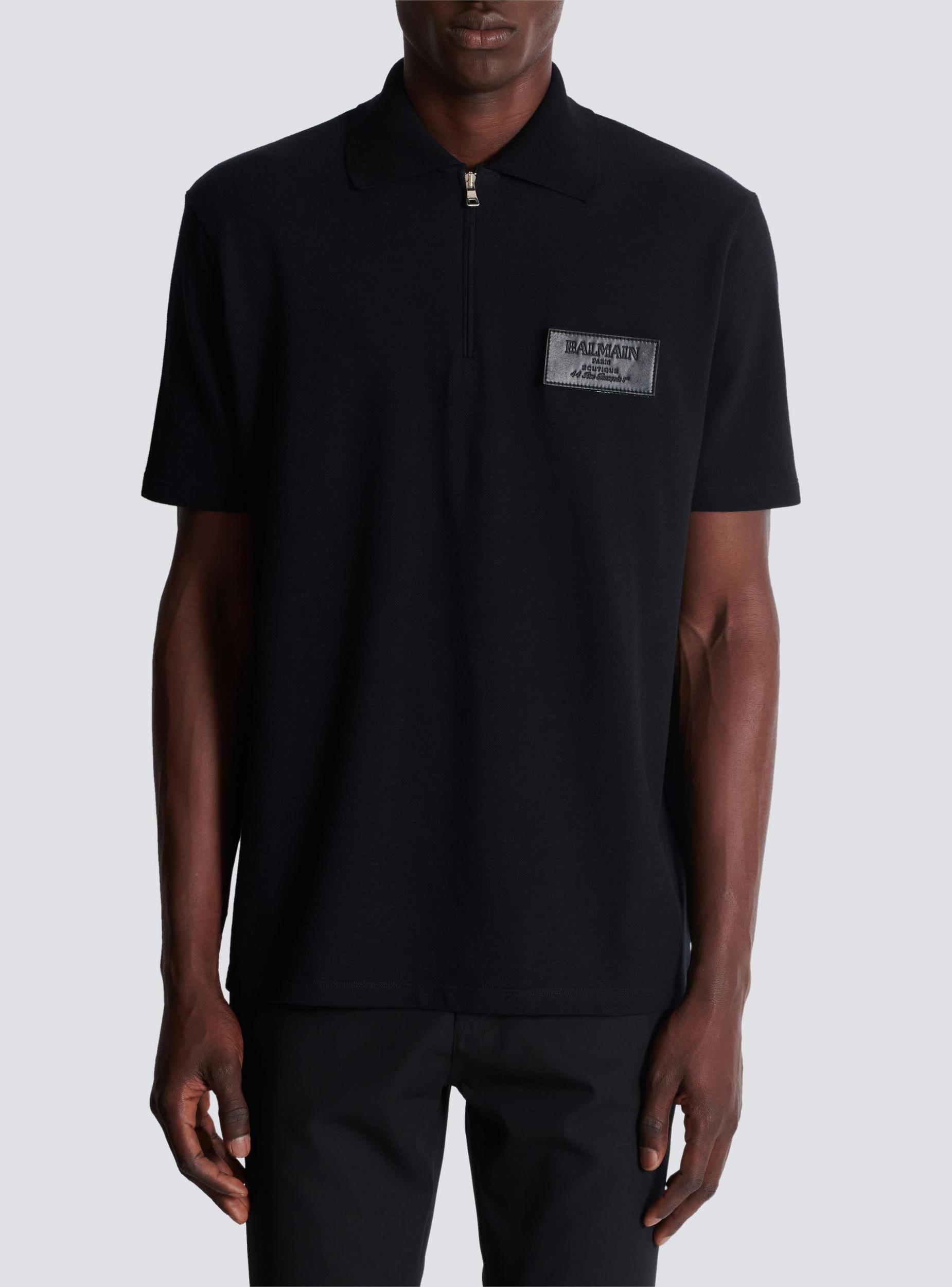 Cotton polo shirt with leather Balmain Couture label Product Image
