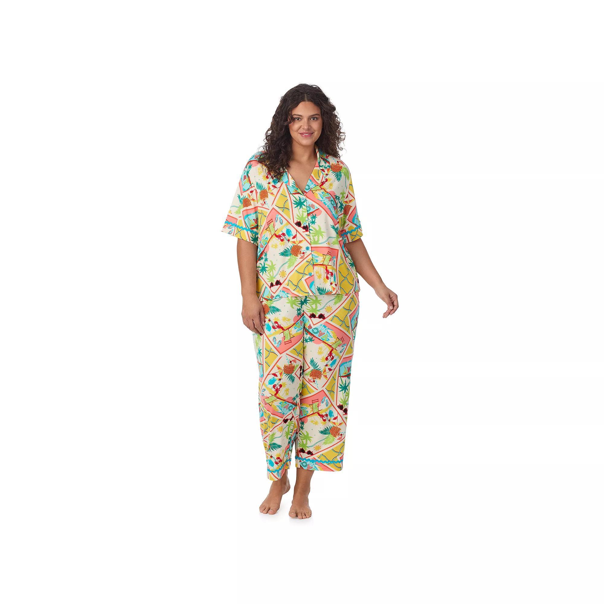 Plus Size Beauty Sleep Social 2-Piece Cozy Notch Pajama Top & Cropped Pajama Pants Set, Women's, Size: 1XL, Vacay Vibes Product Image