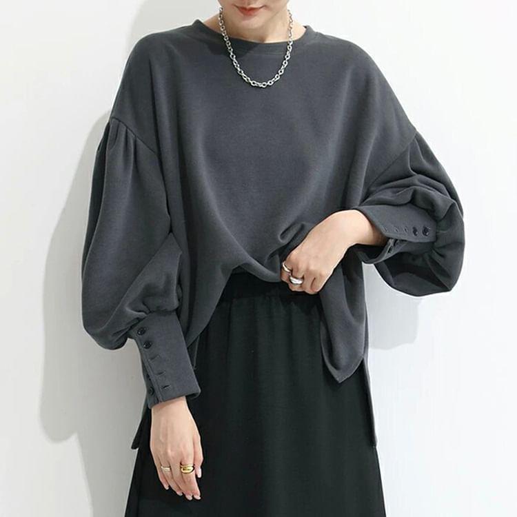 Drop Shoulder Balloon Sleeve Plain Pullover Product Image