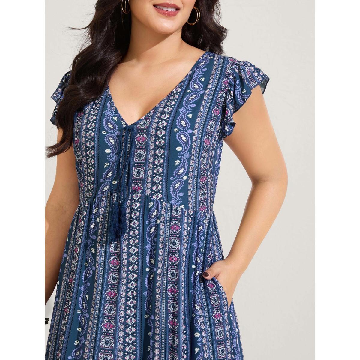 Plus Size Boho Stripes High Waisted Midi Dress DarkBlue Women V-neck Sleeveless Curvy BloomChic 26/4X Product Image