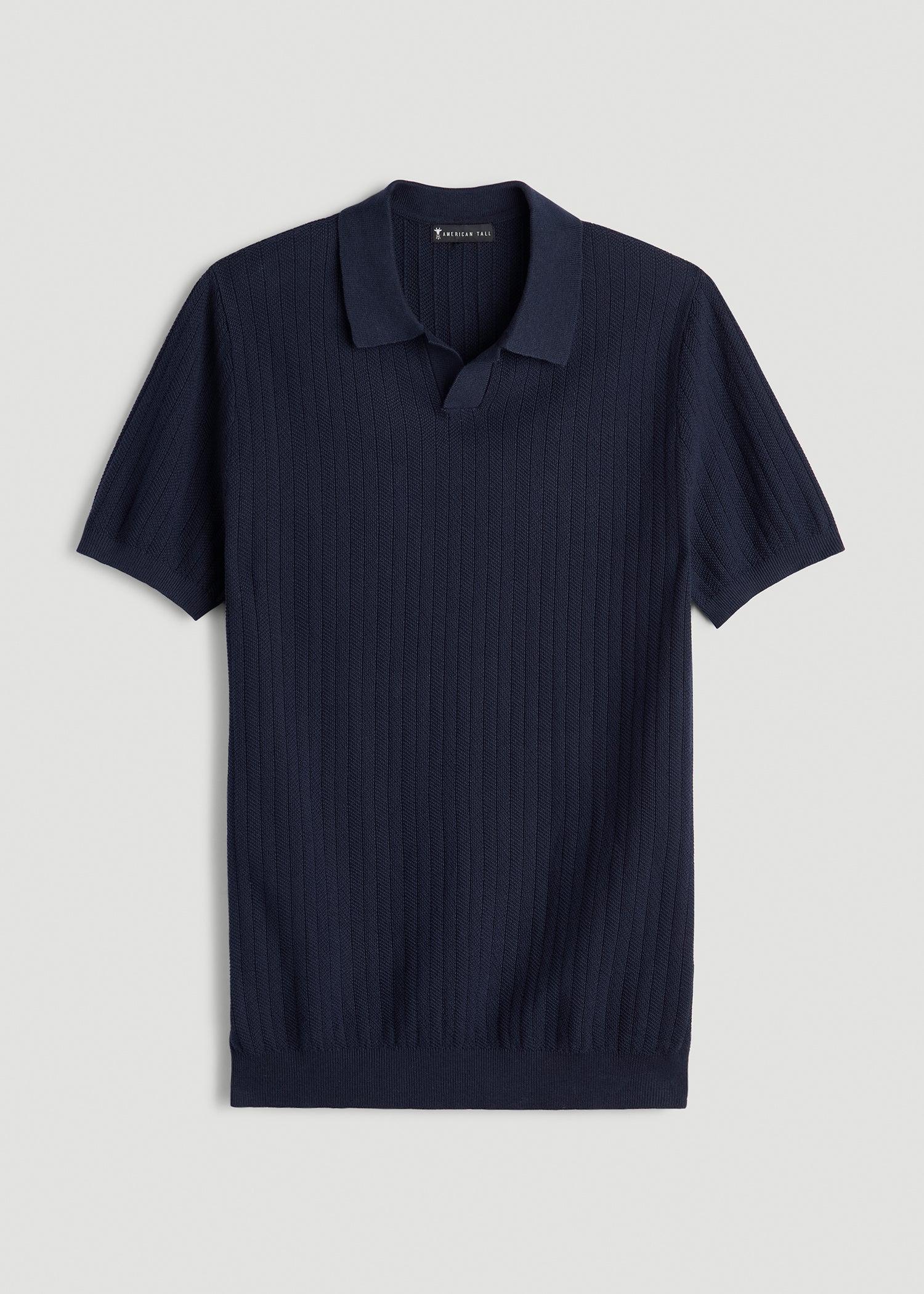 Linen Blend Ribbed Knit Polo Shirt for Tall Men in Evening Blue Product Image