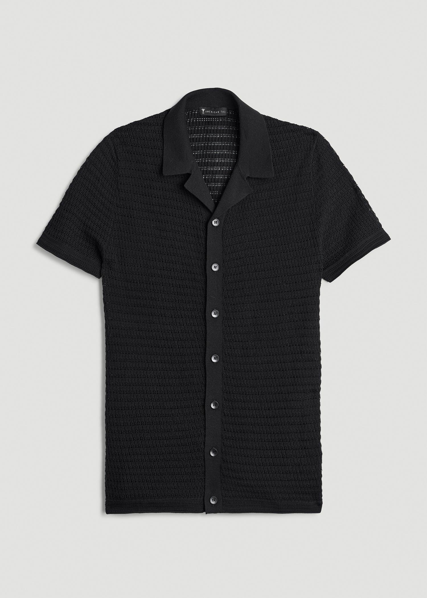 Short Sleeve Crochet Polo Cardigan for Tall Men in Black Product Image