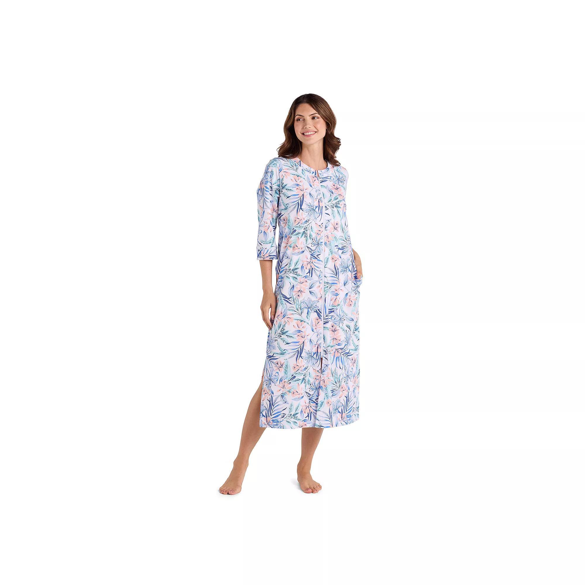 Petite Miss Elaine Essentials Interlock Knit Long Zip Robe, Women's, Size: Large Petite, Tropical Floral Product Image
