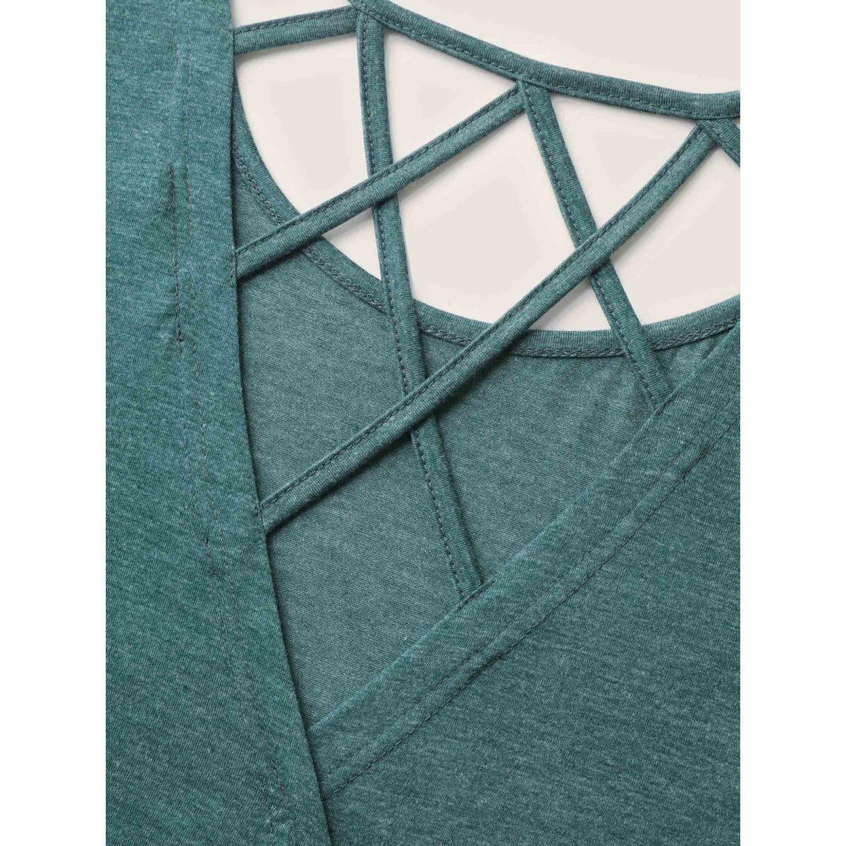 Plus Size Backless Crisscross Solid T-Shirt DarkGreen Women Overlapping Round Neck Everyday-Casual T-shirts BloomChic 28/5X Product Image