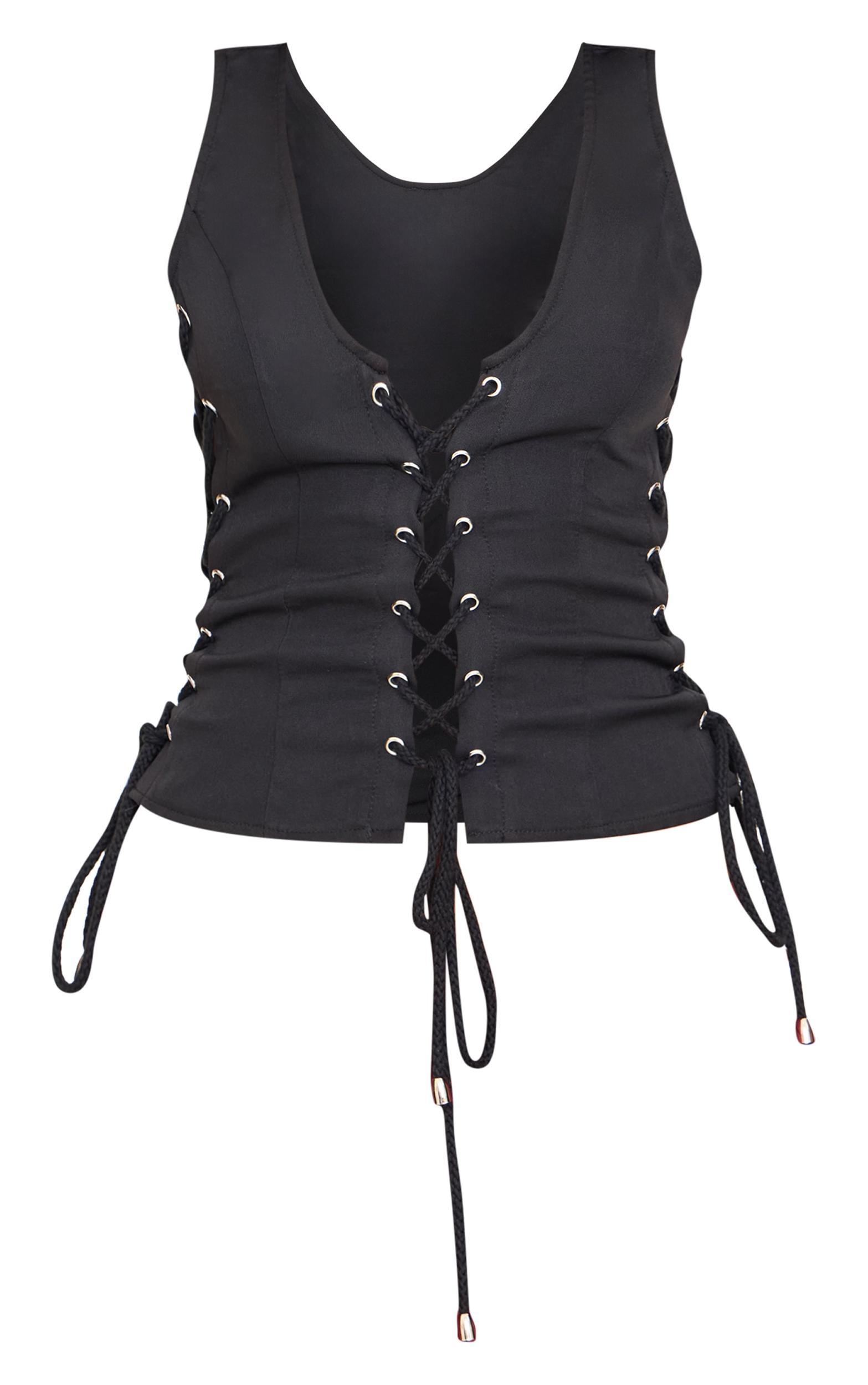 Black Woven Lace Up Detail Plunge Sleeveless Top Product Image