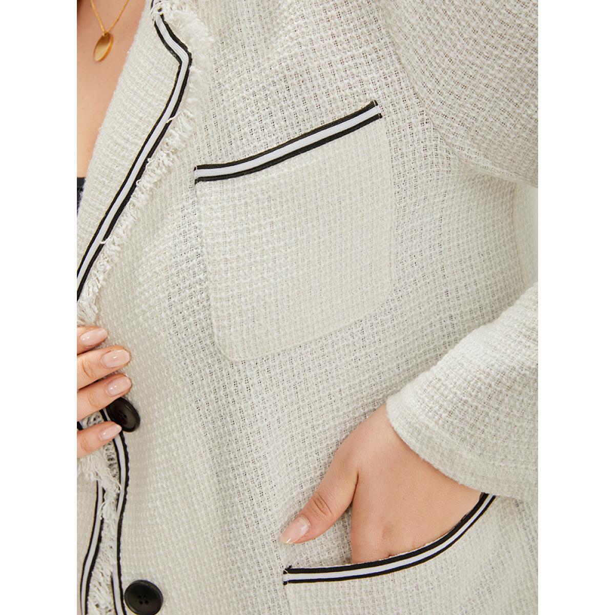 Plus Size Lapel Collar Tweed Contrast Fuzzy Trim Blazer White Women Work Plain Texture Sleeve Long Sleeve Lapel Collar 14-16/1X Pocket Office Blazers BloomChic Product Image