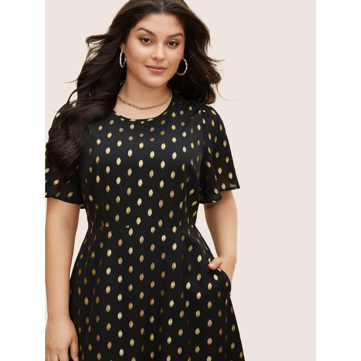 Plus Size Glitter Polka Dot Patchwork Ruffles Dress Black Women Cocktail See through Round Neck Short sleeve Curvy BloomChic 12/L Product Image
