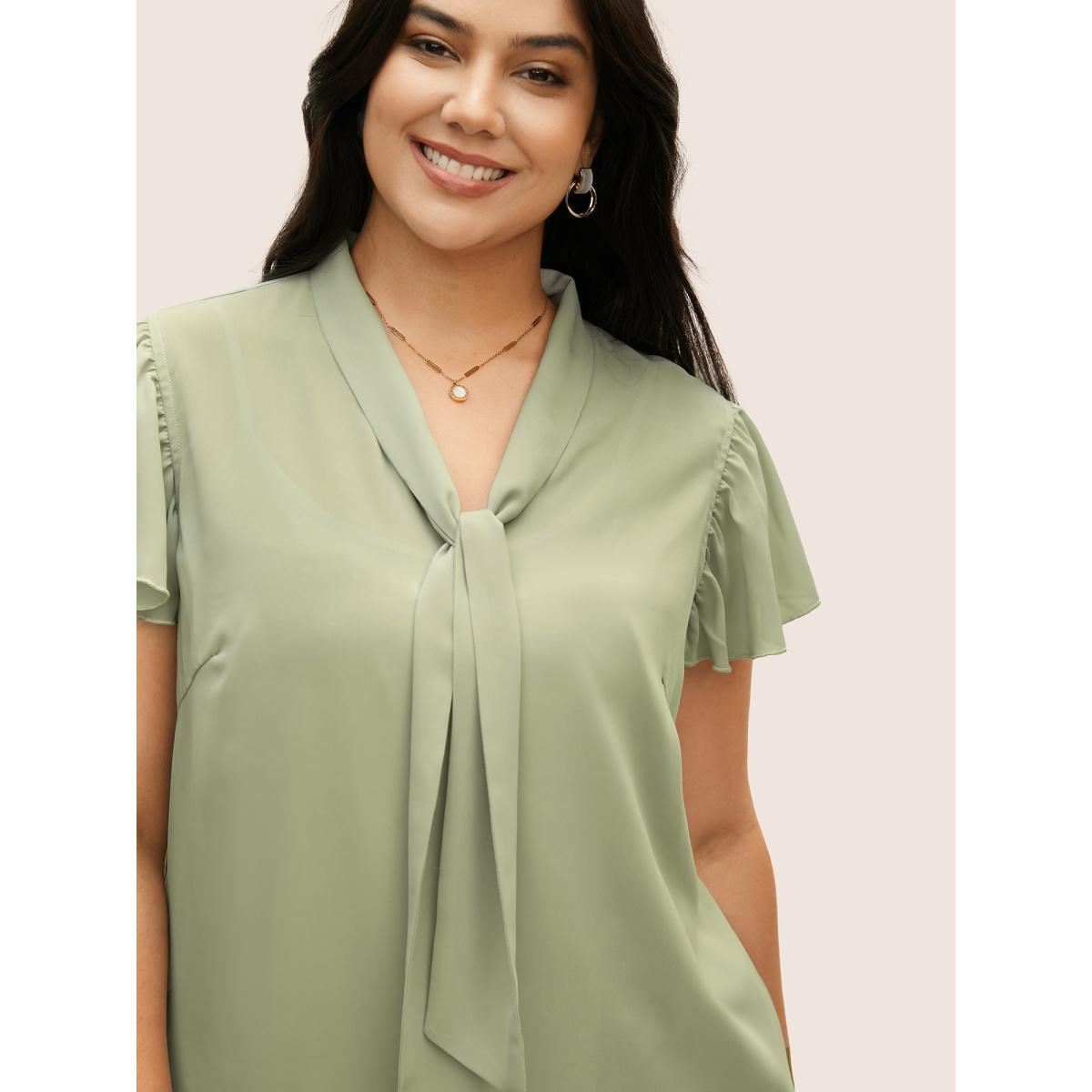 Plus Size Palemauve Ribbon Tied Collar Ruffle Sleeve Blouse Women At the Office Short sleeve Ribbon-tied collar Work Blouses BloomChic 14-16/1X Product Image