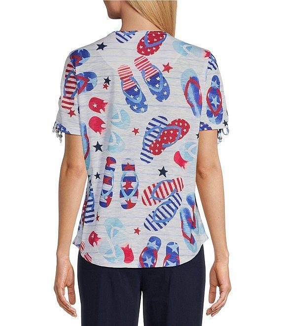 Allison Daley Flip Flops Stars And Stripe Print Short Ruched Tie Sleeve Crew Neck Knit Top Product Image