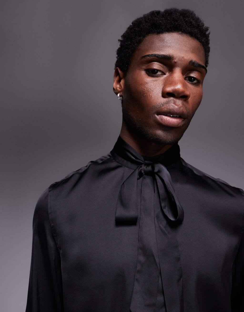 ASOS DESIGN satin regular shirt with tie neck and blouson volume sleeve Product Image