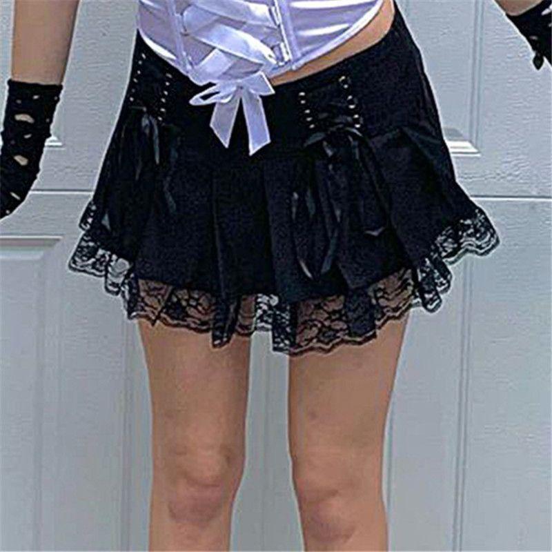 Lace-Up Pleated Lace Mini Skirt Product Image
