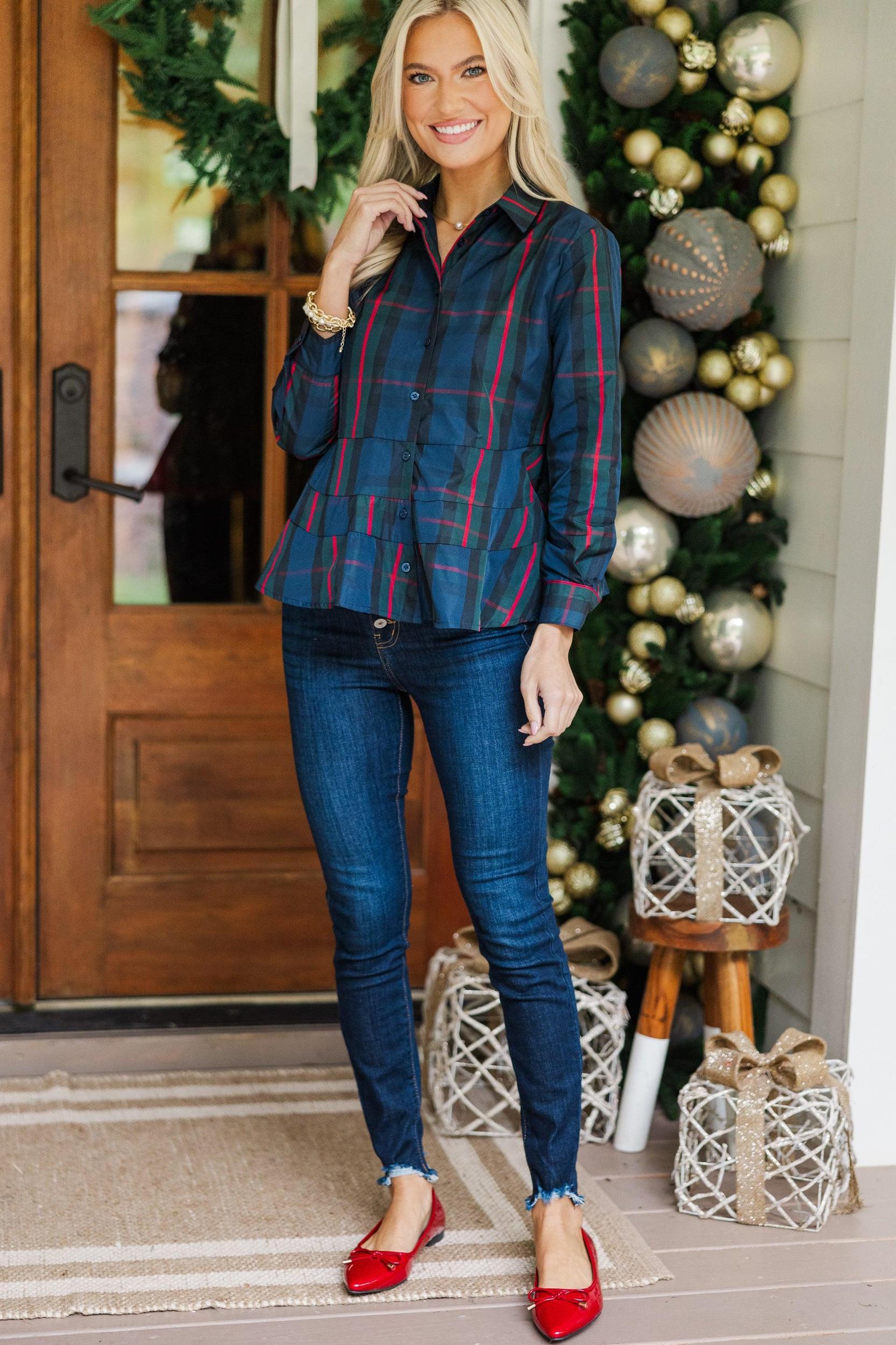 In Control Navy Blue Plaid Button Down Blouse Female Product Image