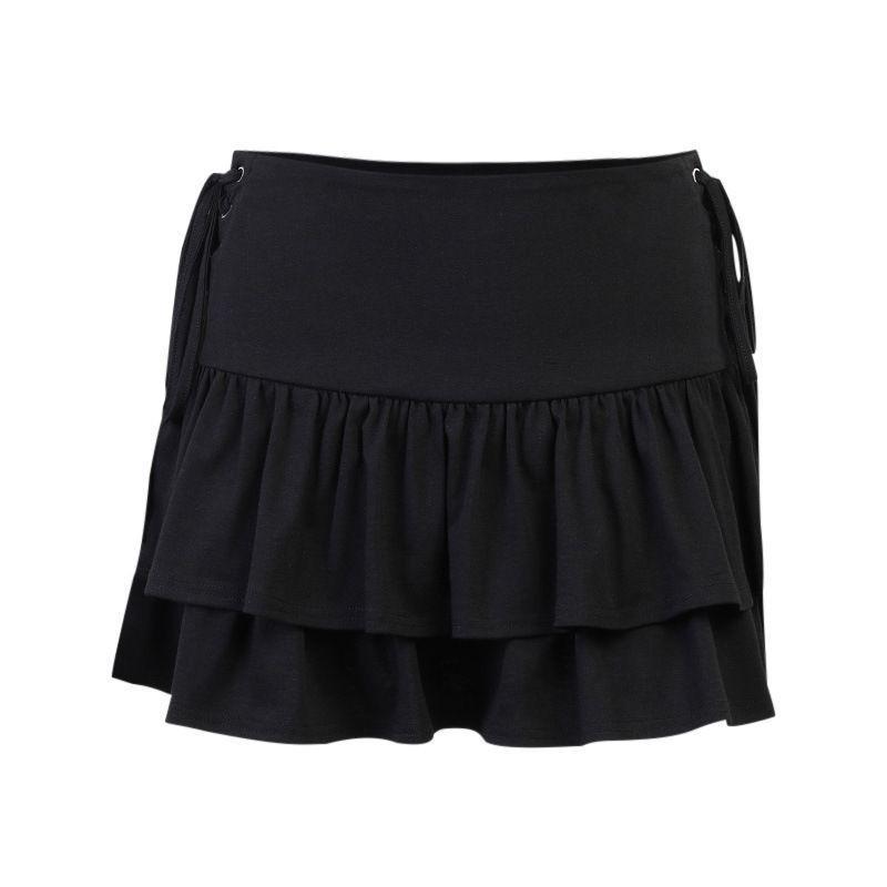 High-Waist Lace-Up Layered Mini A-Line Skirt Product Image
